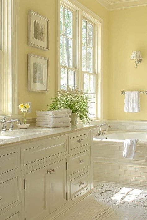 Pale Bathroom Colors, Yellow Master Bath, Colors That Go With Pale Yellow, Pale Yellow Bathroom Ideas, White And Yellow Bathroom, Calm Bathroom Ideas, Light Yellow Bathroom, Pale Yellow Bathroom, Serenity Bathroom