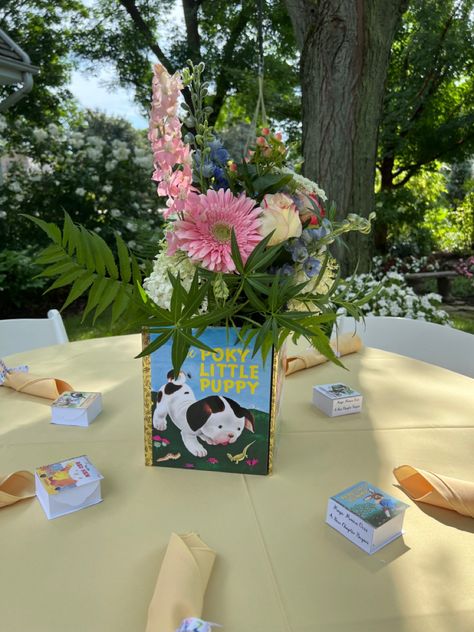 Little Golden Books Baby Shower Theme, Book Themed Baby Shower Centerpieces, Little Golden Book Baby Shower Ideas, Story Book Baby Shower Themes Girl, Bookish Baby Shower Ideas, Storybook Baby Shower Decorations, Storybook Baby Shower Theme, Golden Book Baby Shower, Shower Vibes