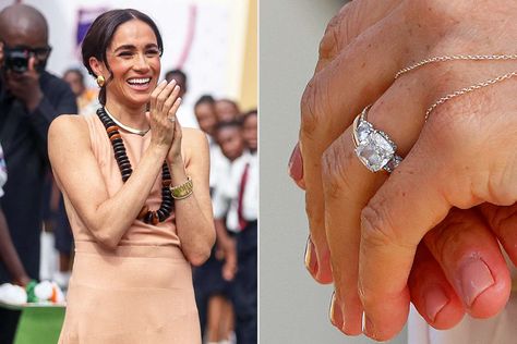 Meghan Markle's engagement ring from Prince Harry is trending years after they got engaged! Inside the latest data on the Duchess of Sussex's ring. Meghan Markle Engagement Ring, Meghan Markle Engagement, Royal Ring, Micro Pave Band, Royal Rings, Engagement Celebration, Celebrity Engagement Rings, Got Engaged, Three Stone Diamond