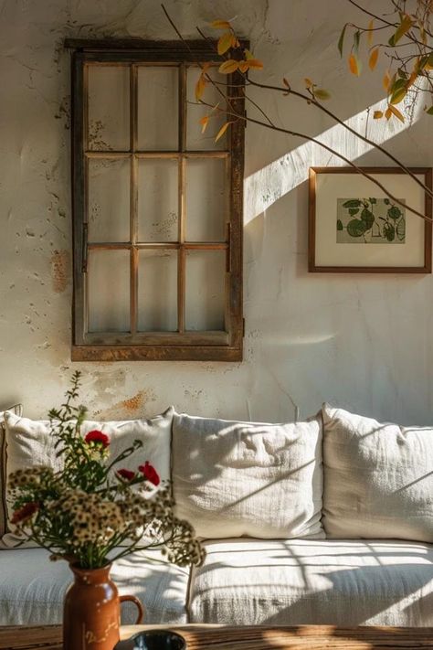 How To Hang An Old Window On A Wall: Vintage Decor Decorative Windows On Wall, Hanging Old Windows From Ceiling, Antique Window Ideas, Antique Window Decor, Antique Window Wall, Old Window Ideas, Vintage Window Decor, Old Window Decor, Window Frame Decor