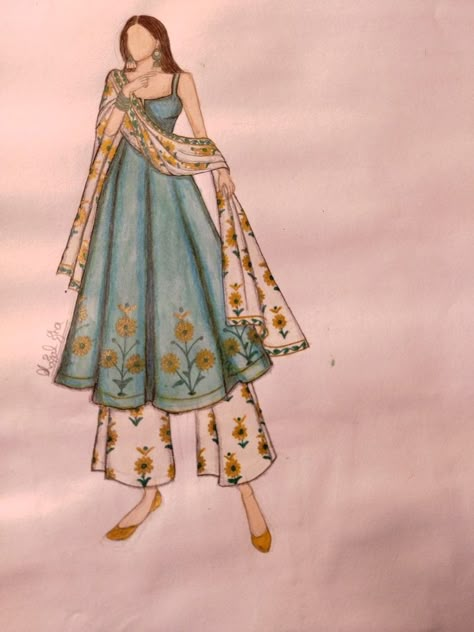 Fashion Illustration Of Kurtis, Kurti Design Drawing, Indian Dresses Sketches, Indian Clothes Drawing, Kurta Illustration Sketch, Kurti Illustration Sketch, Anarkali Sketch, Indo Western Dress Illustration, Kurta Sketch