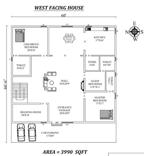 60'x66'6" Beautiful 3bhk West facing House Plan As Per Vastu Shastra, Autocad Dwg and pdf file details - Cadbull 1200 Sq Ft House Plans, West Facing House Plan, Modern Villa Exterior, Tv Stand Modern Design, House Plan Ideas, 1200 Sq Ft House, Construction Wallpaper, Villa Exterior Design, West Facing House