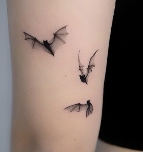 Three Bats Tattoo, Small Halloween Tattoos For Women, Bat Tattoo On Hand, Bat Sleeve Tattoo, Vampy Tattoo Ideas, Small Dark Tattoos Creepy, Minimalistic Animal Tattoo, Bat Tattoo Shoulder, Bat Line Tattoo