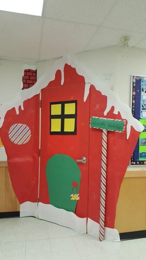 Office Christmas Door Contest Grinch, Whoville House Door Decoration, North Pole Christmas Decor Classroom, North Pole School Hallway, Whoville Classroom Door Decorations, Whoville Christmas Door Decoration, Whoville Christmas Decorations Classroom, Santas Workshop Door Classroom, Who Ville Door Decoration