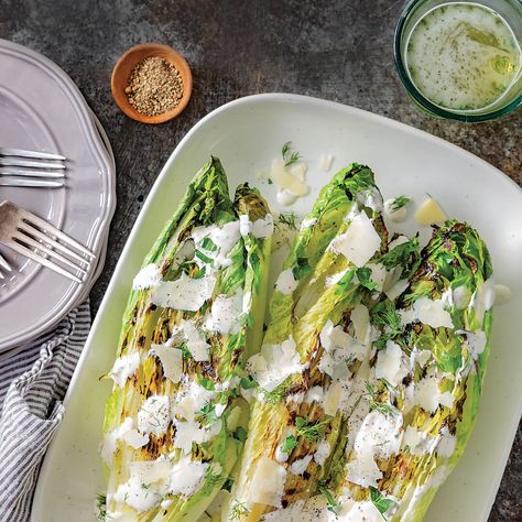 Grilled Romaine Salad with Buttermilk Herb Dressing Crusted Chicken Parmesan, Grilled Romaine Hearts, Herb Dressing Recipe, Romaine Hearts, Grilled Romaine Salad, Herb Dressing, Goat Cheese Crostini, Grilled Romaine, Louisiana Seafood