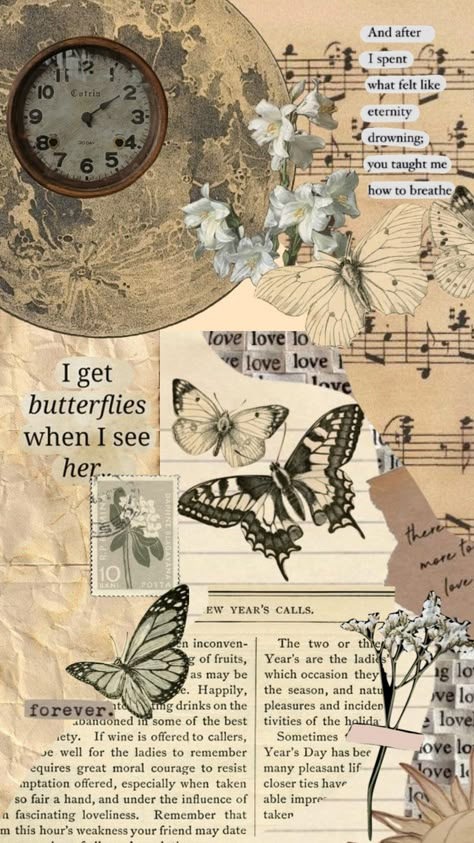 Vintage Lockscreen Butterfly, Aesthetic Butterfly Wallpaper Vintage, Beige Butterfly Wallpaper, Butterfly Collage Wallpaper, Butterfly Vintage Aesthetic, Butterfly Wallpaper Vintage, Vintage Butterfly Wallpaper, Vintage Phone Wallpaper, Newspaper Wallpaper