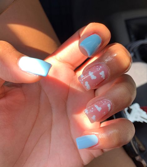 Square Cloud Nails, Short Nail Designs Sky Blue, Pink And Blue Cloud Nails, Blue Cloud Nails Short, Nails For 10 Yrs Old, Blue Nails With Cloud Design, Light Blue Nails With Clouds, Light Blue Acrylic Nails Design Short, Blue Cloud Nails Acrylic