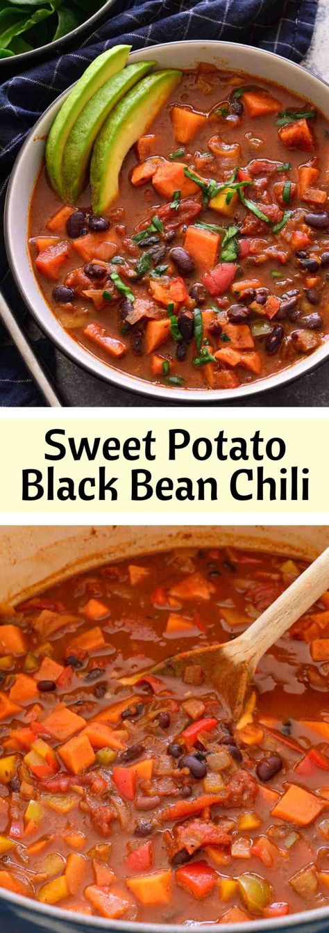 Sweet Potato Black Bean Chili Sweet Potatoes And Black Beans Recipes, Sweet Potato And Black Bean Recipes, Black Beans Sweet Potato Recipe, Sweet Potato And Black Bean Chili, Black Bean And Sweet Potato Chili, Black Bean Chili Recipe Vegetarian, Sweet Potato Black Bean Bowl, Black Bean Sweet Potato Chili, Chili With Quinoa