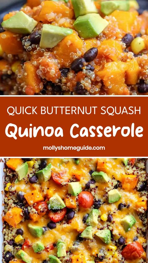 Explore the delicious flavors of butternut squash and quinoa in this hearty casserole recipe. Packed with nutritious ingredients, this dish is perfect for a cozy family dinner or a holiday gathering. The combination of sweet butternut squash and protein-rich quinoa creates a satisfying and flavorful meal that will surely become a new favorite at your dinner table. Try making this butternut squash quinoa casserole for a wholesome and comforting dish that everyone will love! Butternut Squash Quinoa Casserole, Quinoa With Butternut Squash, Butternut Squash And Quinoa Recipes, Quinoa Butternut Squash Recipes, Quinoa And Veggie Recipes, Butternut Casserole, Quick Butternut Squash, Butternut Squash And Quinoa, Squash Quinoa