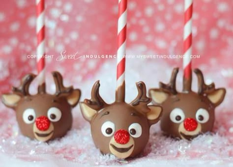 Cute reindeer cake pops!  #cakepop #rudolph #christmas #paperstraw Rudolph Cake, Christmas Cakepops, Rudolph Party, Reindeer Cakes, Cake Pop Designs, Christmas Delights, Cake Pop Decorating, Pop Cake, Pop Cakes