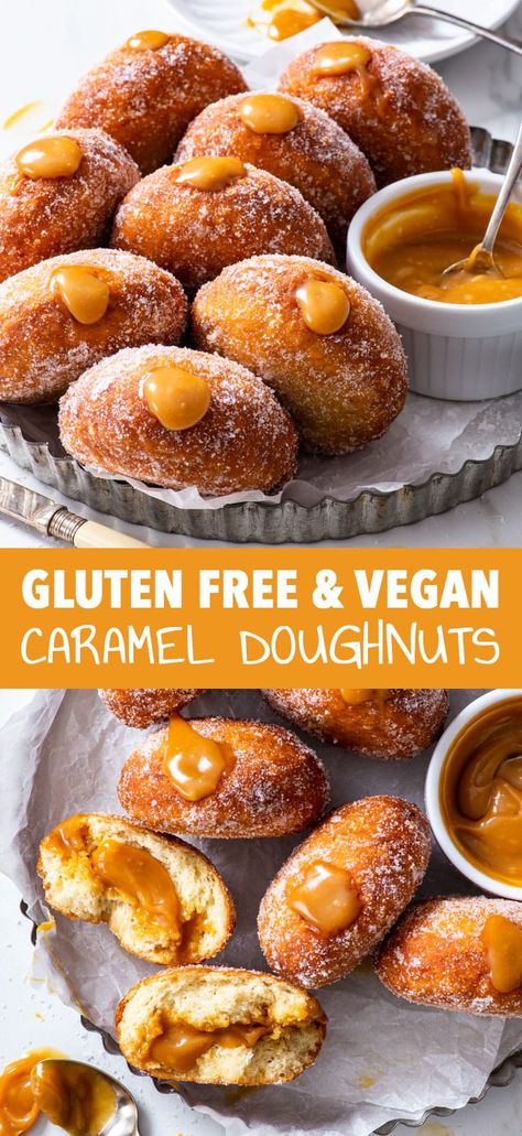 Gluten Free Doughnuts Recipes, Dairy Free Doughnut Recipe, Gluten Free Malasadas, Gluten Free Dairy Free Donut Recipe, Gluten Free Vegan Donut Recipe, Gluten Free Brioche, Vegan Gluten Free Donuts, Caramel Doughnuts, Gluten Free Donut Recipe