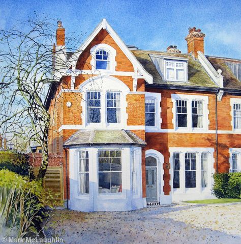 House portrait, Alleyn Park, West Dulwich Watercolour House, English Townhouse, Modern Log Cabins, Victorian Terraced House, English Houses, Watercolor House Painting, English Architecture, Building Photography, House Painter