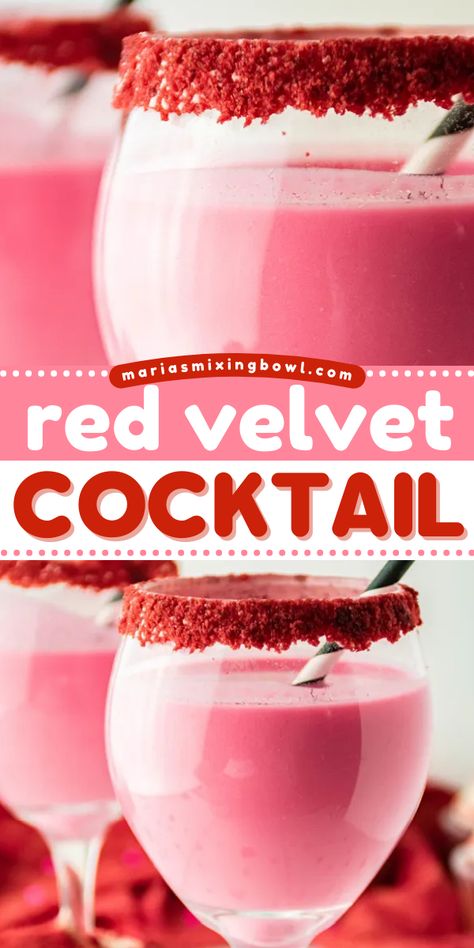 A must-try holiday drink recipe! This easy Christmas cocktail is rimmed with cream cheese frosting and red velvet cake crumbles. Sweet and creamy, every sip of this red velvet cocktail with vodka is just lovely! Red Velvet Espresso Martini, Red Velvet Martini, Red Velvet Drink, Red Cocktail Drinks, Red Alcoholic Drinks, Easy Christmas Cocktail, Red Velvet Cocktail, Cocktail With Vodka, Peppermint Shake