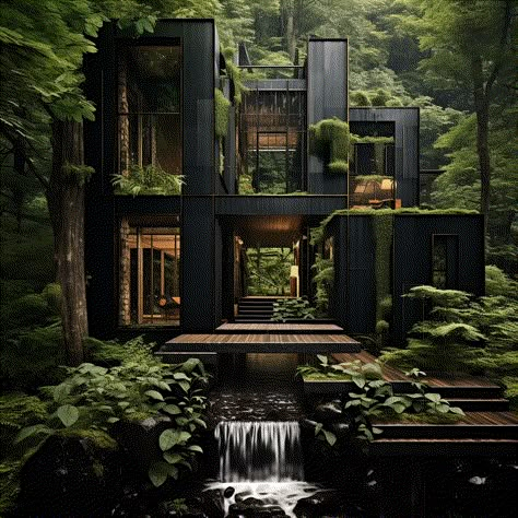 Villa In Forest, House Scenery, Architecture Courtyard, Mansion Floor Plans, Mountain Houses, Dream Villa, Courtyard Design, Modern Barn House, Architecture Model House