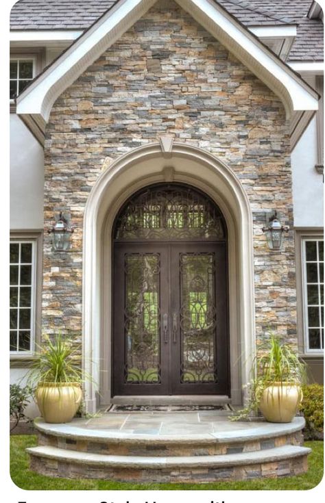 Exterior Stone Cladding, Stone Front House, Stucco And Stone Exterior, Stone Entryway, Stone Porches, Stone Exterior Houses, European Style Homes, Stucco Homes, Stone Cladding