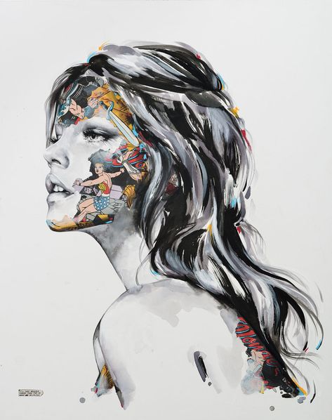 Comic Book Collage, Sandra Chevrier, Book Collage, Beautiful Bizarre, Double Exposition, Ink Paintings, Gcse Art, Identity Art, Fashion Painting