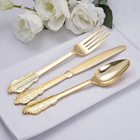 NOCCUR 180PCS Gold Plastic Silverware-Gold Plastic Cutlery-Gold Plastic Utensils-60 Plastic Forks, 60 Plastic Spoons, 60 Plastic Knives-Plastic Cutlery are Suitable for Party&Wedding Restaurant Utensils, Plates And Cutlery, Gold Plastic Silverware, Gold Plastic Plates, Steak Pasta, Gold Silverware, Gold Cutlery Set, Gold Plates, Disposable Cutlery