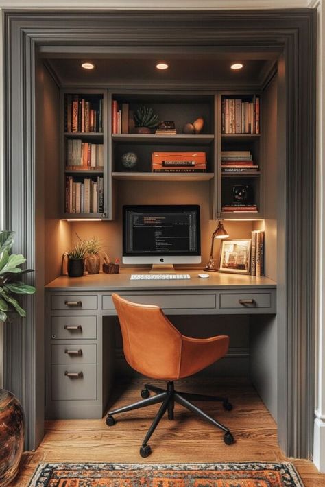 Fireplace With Desk Built In, Armoire In Office, Office Desk In Closet Built Ins, Desk In A Closet Built Ins, Built In Desk In Closet Space, Hidden Desk Office, Closet Office Built In, Closet To Office Conversion Desks, Small Den Ideas With Tv And Desk