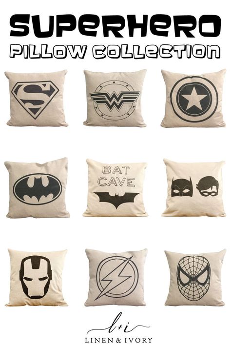 Comic Book Bedroom Ideas, Neutral Superhero Bedroom, Vintage Superhero Bedroom, Marvel Pillows, Boys Superhero Bedroom, Superhero Pillow, Vintage Superhero, Comic Room, Superhero Nursery