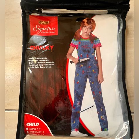 You'll Fit Right In With The Good Guys In This Officially Licensed Chucky Costume! This Chucky Costume Features Distressed Denim Overalls With A "Good Guys" Chest Logo And An Allover Playful Print. A Short-Sleeved Rainbow Ringer T Shirt Matches The Overalls' Colorful Pant Cuffs. Finish The Authentic Chucky Doll Look With A Red Wig With Shoulder-Length Pigtails And Red Bows! Officially Licensed Includes: Overalls Shirt Wig Short Sleeves Button Closure Material: Cotton, Spandex, Polyester, Polypro Overalls Colorful, Chucky Halloween Costume, Spirit Costume, Chucky Halloween, Chucky Costume, Chucky Doll, Red Wig, Wig Short, Red Wigs