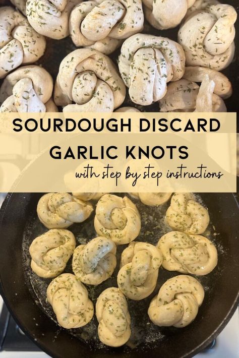 Sourdough Garlic Knots Sourdough Discard Garlic Focaccia Bread, Sourdough Discard Star Bread, Garlic Knots Sourdough, Sourdough Garlic Bread Recipes, Discard Garlic Bread Quick, Sourdough Discard Garlic Pull Apart, Sour Dough Garlic Knots, Garlic Butter For Rolls, Garlic Sourdough Rolls