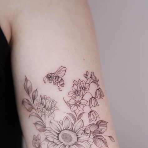 Single Needle Floral Tattoo, Butterfly And Bee Tattoo, Fine Line Bee Tattoo, North Carolina Tattoo, Bubble Tattoo, Nc Tattoo, Lily Of The Valley Bouquet, Bubble Bee, Single Needle Tattoo