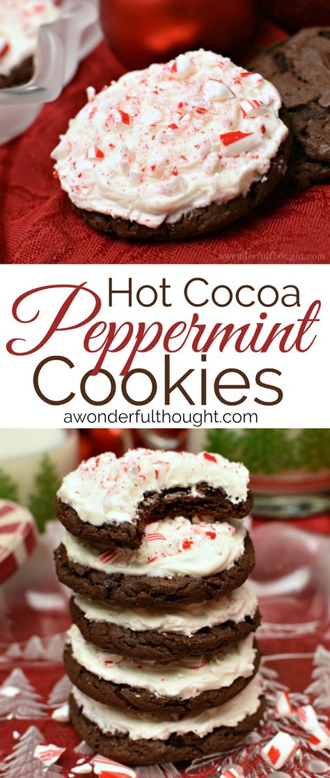 Hot Cocoa Peppermint Cookies - A Wonderful Thought Christmas Yummies, Hot Cocoa Cookies, Chocolate Peppermint Cookies, Christmas Baking Recipes, Christmas Foods, Peppermint Cookies, Christmas Dessert, Christmas Food Desserts, Holiday Cookie