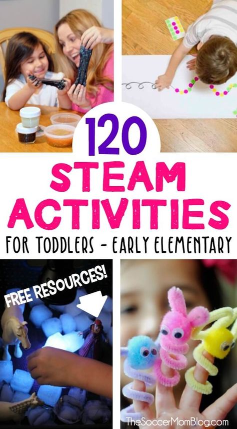 Whether you're looking to keep brains busy on a school break, or for simple ways to learn at home, this collection of STEAM activities for kids is full of ideas! There are hours of easy to set up activities for kids! Table Top Activities For Kindergarten, Steam Activities For Toddlers, Steam Activities For Kids, Steam Teacher, Brain Craft, Toddler Games, Monster Craft, Steam Learning, Teacher Activities