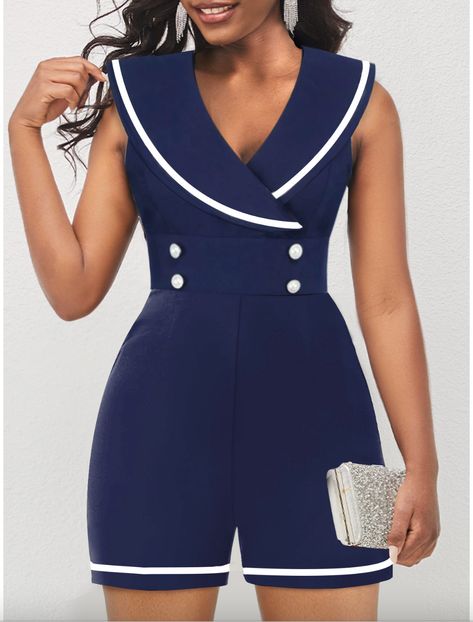 NEW IN MODLILY® Navy Contrast Binding Sleeveless Shawl Collar Romper Short Romper Outfit, Luxe Wardrobe, Formal Romper, Chic Romper, Shorts Jumpsuit, Latest Dress For Women, Navy Romper, Trendy Jumpsuit, One Piece Jumpsuit