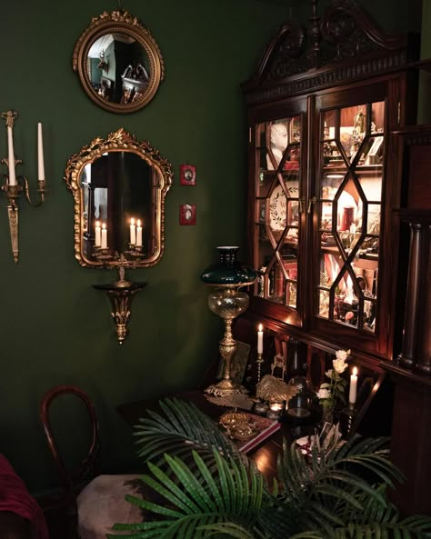 Victorian Bohemian Decor, Dark Academia Interior, Salon Suites, Casa Vintage, Goth Home Decor, Dark Home Decor, Dark Home, Deco Boheme, Green Walls