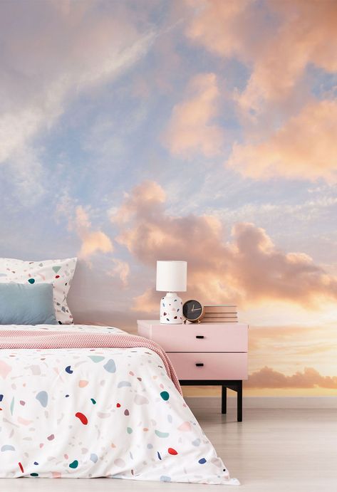 Bedroom Cloud Wallpaper, Printed Wallpaper Bedroom, Pink Cloud Wallpaper Bedroom, Sky Painted Wall, Sky Wallpaper Bedroom, Cool Bedroom Wallpaper, Cloud Wall Design, Cloud Mural Wallpaper, Cloud Ceiling Wallpaper