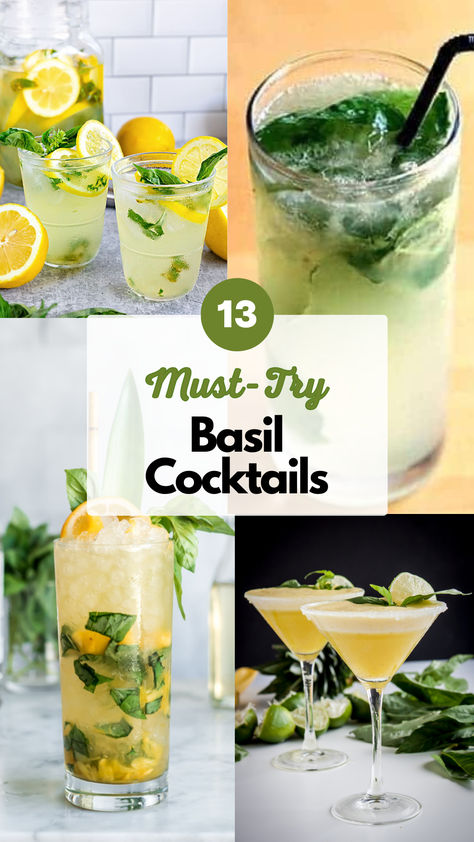 Basil Cocktails Gin And Basil Cocktail, Basil Alcoholic Drinks, Basil Cocktail Recipes Vodka, Basil Drink Recipes, Fresh Basil Drink Recipes, Lemon Basil Cocktail Recipes, Basil Simple Syrup Cocktails, Drinks With Basil Alcoholic, Cocktail With Basil