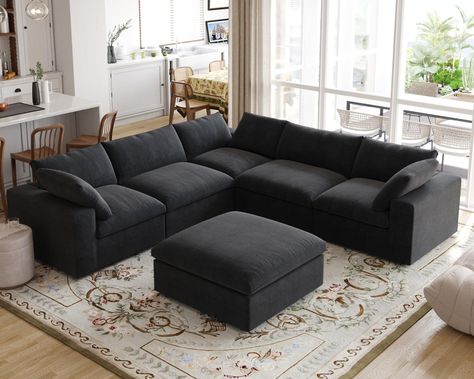 JACH V Shape Couch Sectional for Living Room, Modular Convertible Sofa, Couch Cushion Covers Removable, Cloud Sofas with Chaise Ottoman for Living Room, Bedroom, Apartment (Black) -  #Apartment #Bedroom #Black #Chaise #Cloud #Convertible #COUCH #Covers #Cushion #JACH #Living #modular #Ottoman #Removable #Room #Sectional #shape #Sofa #Sofas Long Couches Living Room, Black Sectional Living Room Ideas Decor, Living Room Black Leather Couch, Black Sectional Living Room Ideas, Black Sectional Living Room, Gray Couches, Sectional For Living Room, Small Apartment Living Room Ideas, Ottoman For Living Room