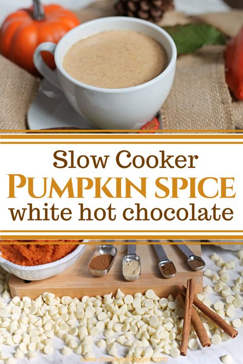 Thick and creamy, white hot chocolate with pumpkin spice made in the slow cooker! The ultimate comfort drink for Fall. This pumpkin spice hot chocolate made in the crockpot is a drink you need to add to your list! Pumpkin Spice Hot Chocolate Recipe, Pumpkin Spice Hot Chocolate, Creamy Hot Chocolate Recipe, Spice Hot Chocolate, Nonalcoholic Drink, White Hot Chocolate Recipe, Creamy Hot Chocolate, Pumpkin Spice Drinks, Spiced Drinks