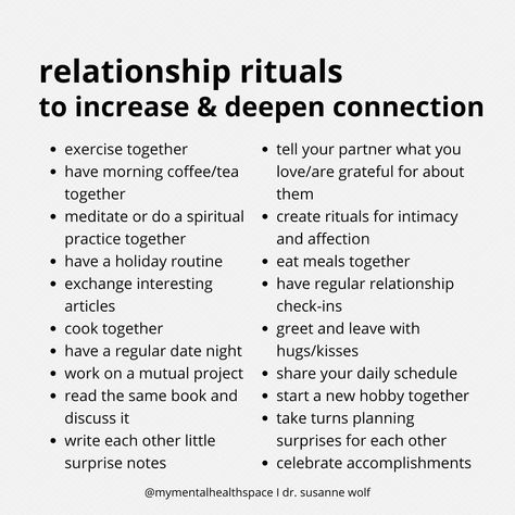 Dr. Susanne Wolf | Opening Spaces for Relationship Rituals. What would you add? It starts with you. Be the love. And create ripples from the inside out.... | Instagram Relationship Rituals, Secure Relationship, Meaningful Relationships, Cooking Together, New Hobbies, Relationship Goals, Inside Out, Spirituality, Turn Ons