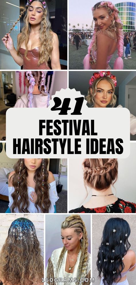 Save this pin for 41 stunning festival hairstyles that will turn heads and add glam to your look! From boho braids to colorful updos, these styles are perfect for your next event. #FestivalHair #GlamGalore #FashionBlog Festival Hair Ideas Braids, Braided Hairstyles Festival, Half Up Festival Hair, Multi Braid Hairstyles, Edm Hairstyles, Edc Hairstyles, Festival Hair Updo, Rave Hairstyles Braids, Hairstyles Glam