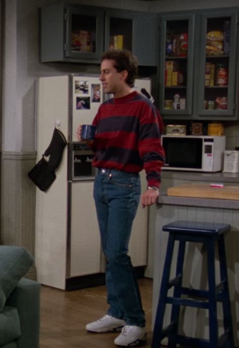 90s Iconic Looks Men, Jerry Seinfeld Sneakers, Jerry Seinfeld Style, 90s Sweater Outfits Men, 90s Tv Shows Outfits Men, 80s Sweater Outfit Men, 80s Sitcom Aesthetic, Kramer Seinfeld Outfits, 90s Sitcom Outfits