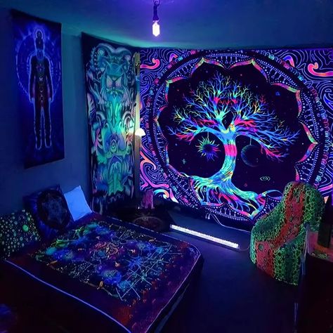 1pc Tree Of Life Mandala Fluorescent Tapestry Peach Skin Velvet Uv Black Light Tapestry Wall Hanging For Living Room Bedroom Dorm Room Home Decor With Free Installation Accessories Easy To Hang - Home & Kitchen - Temu Pink And Black Bedroom, Hippie Bedroom Decor, Dorms Decor, Dream Room Decor, Tree Of Life Tapestry, Trippy Room, Hippie Bedroom, Blacklight Tapestry, Cool Room Designs