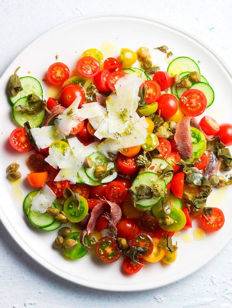 Santorini salad (salata tis santorinis) Santorini Salad, Shishkabobs Recipe, Pistachio Pesto, Sbs Food, Kabob Recipes, Air Fryer Recipes Healthy, Tomato Salad, Recipe Details, Avocado Salad