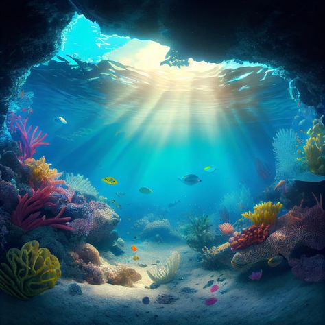 Photo underwater tropical seabed with re... | Premium Photo #Freepik #photo #ocean #deep-ocean #underwater #seabed Underwater Background Landscape, Deep Sea Pictures, Seabed Drawing, Ocean Deep Underwater, Ocean Illustration Underwater, Ocean Background Underwater, Underwater Art Painting, Deep Ocean Art, Underwater World Art