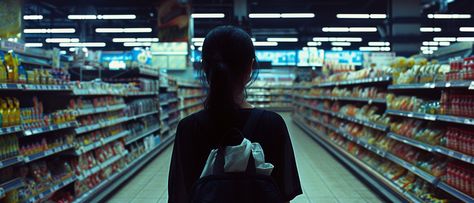 Cinematic still of [a woman] [shopping] on an [supermarket] in [midday]. Minimalist gothic ambiance, enigmatic, rollerwave aesthetic, urban earthworks backdrop. Captured on Kodak Ektar 100, soft lighting, low key contrasts, film grain, wide angle --ar 21:9 --v 6 Recreating Movie Scenes, Camera Shots And Angles, Kodak Ektar 100, Wide Angle Photography, Low Key Lighting, Ektar 100, Contrast Photography, Woman Shopping, Shot Film