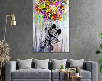 Banksy Colorful Mickey Mouse Canvas Art, Graffiti Mickey Mouse Canvas Art, Mickey Mouse Pop Art Home Decor, Anime & Cartoon Wall Art Print Disney Framed Wall Art, Mickey Mouse Painting, Mickey Mouse Pop Art, Disney Pop Art, Banksy Wall Art, Tension Rods, Banksy Graffiti, Banksy Canvas, Pop Art Design