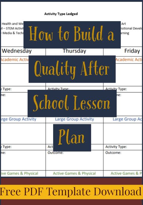 Create a purposefully themed weekly lesson plan. Learn some tricks and tips to creating a quality program through lesson planning.  This After School Lesson Plan Template incorporates activity types and desired outcomes to make planning easy. After School Lesson Plan Template. School Age Lesson Plans Daycare, School Age Lesson Plans, School Age Daycare, After School Teacher, Lesson Plan For Elementary School, After School Curriculum Lesson Plans, Themes For After School Programs, After School Club Activities Lesson Plans, Afterschool Program Ideas