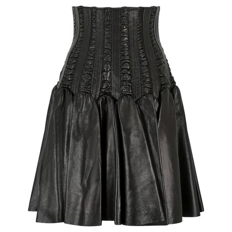 This documented 2008 Autumn/Winter collection skirt is by the renowned French couturier Azzedine Alaia shortly after he bought back his company from Prada in 2007. Made of black lambs leather, the skirt features a high waisted, corset style section, complete with boning effect and lace up back. The complex design features panels of vertical, tightly seamed sections alternating with sections of horizontal mini pleats. The lower skirt has unusual panier style shaping from around the hip down, crea Luxury Leather Flared Skirt, Corset Skirt High Waisted, Enya Outfits, Pirates Outfit, Png Bottoms, Ramona Badwolf, Ballet Giselle, Corp Goth, Corset Design