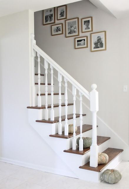 heirloom pumpkin lined stairs | easy last minute fall decorating ideas Banister Remodel, Simple Gallery Wall, Stairs Renovation, Stair Makeover, Stairs Makeover, Diy Staircase, Treads And Risers, Staircase Remodel, Staircase Makeover