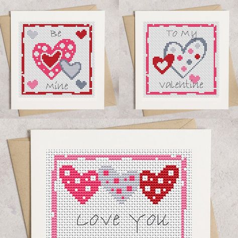 Romantic Cross Stitch, Valentine Heart Card, Stitch Cards, Valentines Gift Tags, Tiny Cross Stitch, Cross Stitch Love, Cross Stitch Heart, Card Pattern, Cross Stitch Cards