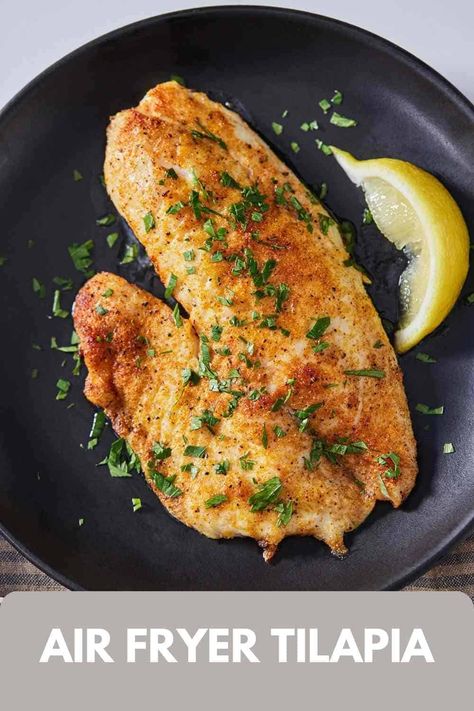 Quick, easy, and healthy, this Air Fryer Tilapia recipe is perfect for busy weeknights. Perfectly crispy and flavorful, this tilapia is ready in less than 15 minutes! Get dinner on the table in no time with this easy air-fried tilapia recipe. Talapia Ideas Air Fryer, Talapia Ideas, Fried Tilapia Recipes, Air Fryer Tilapia, Tilapia Recipes Easy, Air Fried Fish, Frozen Tilapia, Air Fryer Fish Recipes, Fried Tilapia