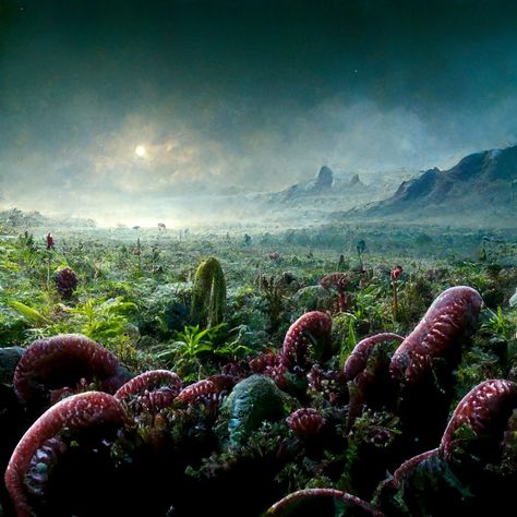 Alien World Aesthetic, Alien World Art, Alien Landscape Concept Art, Alien Worlds Landscape, Alien Planet Landscapes, Alien Planet Concept Art, Alien Biology, Alien Forest, Alien Environment