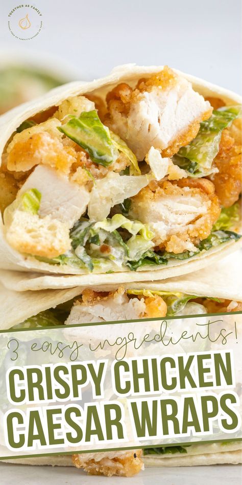 You won't believe how quick & easy dinner can be ready with these Crispy Chicken Caesar Wrap recipe. Short-cut ingredients like frozen crispy chicken strips, Caesar salad kit, and flour tortillas make this a super simple dinner idea for busy weeknight. Easy Chicken Ceasar Salad Wraps, Easy Chicken Caesar Wrap, Crispy Chicken Ceaser Wraps, Crispy Chicken Caesar Wrap, Ceasar Salad Wrap Recipe, Chicken Ceaser Wraps Recipe, Caesar Chicken Wrap, Grilled Chicken Strips Recipes, Chicken Caesar Wrap Recipe