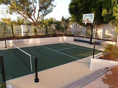 Backyard Tennis Basketball Court, Residential Pickleball Court, Pickle Ball Backyard, Backyard Sports Court And Pool, Sport Court Backyard Ideas, Pickle Ball Court Backyard, Tennis Court Backyard, Backyard Court, Home Basketball Court